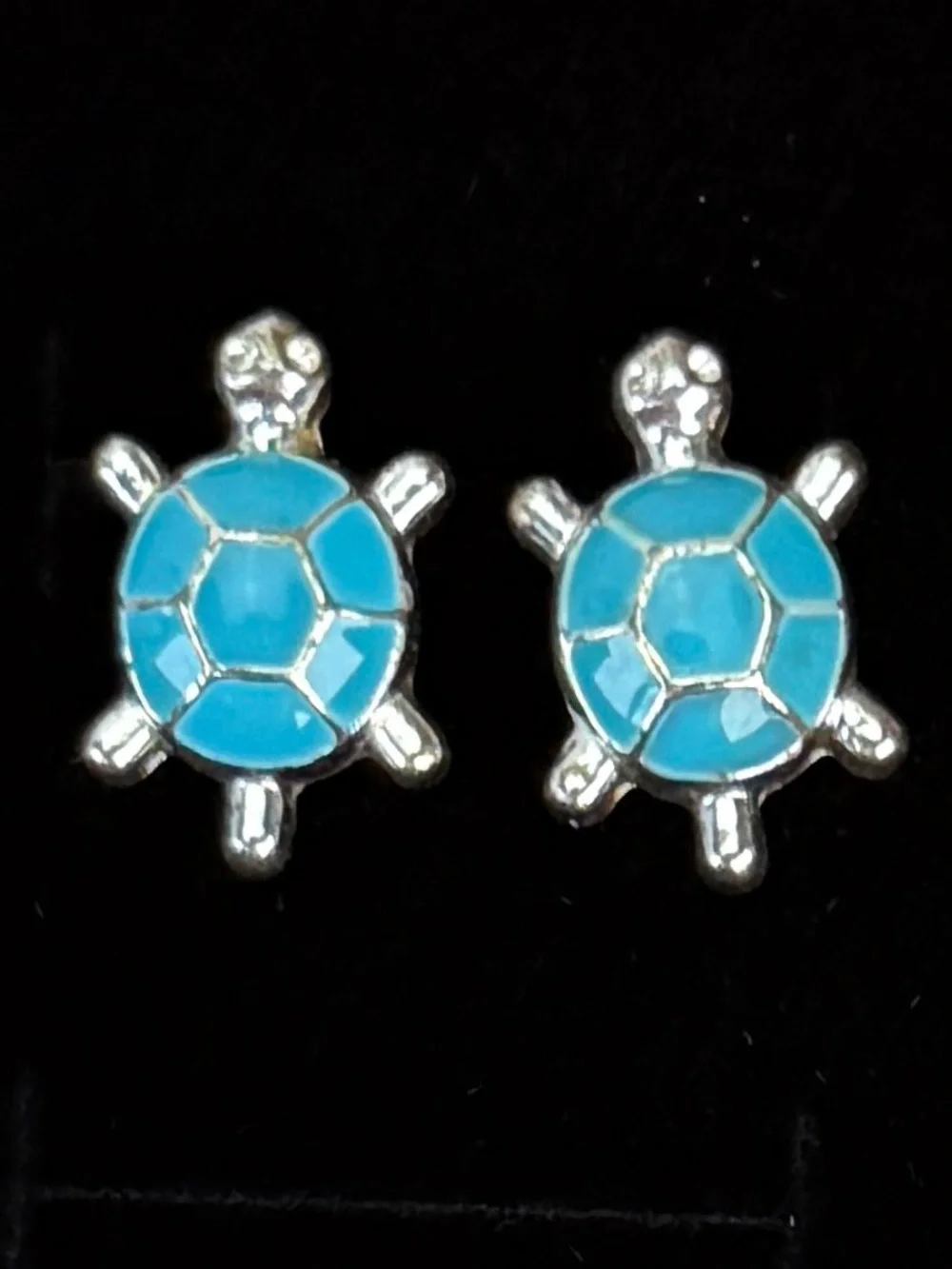 Vintage Silvertone, blue Turtle Stud pierced Earrings